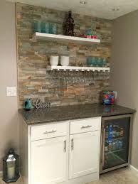 Small Dry Bar With Lowes Desert Quartz Ledge Stone Floating Shelves Hanging Glasses Rack Bar Refrigerator Basement Decor Bars For Home Basement Bar Designs