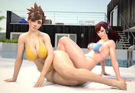 hagiwara studio, d.va (overwatch), tracer (overwatch), overwatch, highres,  2girls, 3d, bikini, breasts, brown hair, cleavage, multiple girls, swimsuit,  yellow bikini - Image View - | Gelbooru - Free Anime and Hentai Gallery