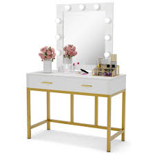 Dresser Desk Vanity Set For Bedroom Gold And White Tribesigns Vanity Table With Lighted Mirror Makeup Vanity Dressing Table With 9 Lights And 2 Drawers For Women Vanities Vanity Benches