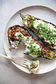 Loaded Grilled Eggplant Recipe With Creamy Sauce Lexi S Clean Kitchen Recipe Healthy Recipes Meals Without Meat Eggplant Recipes