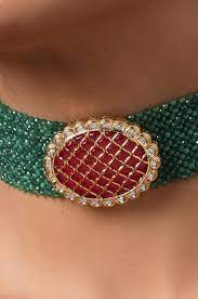 Adriti Green Red Gold Tone Kundan Inspired Stones Choker Necklace Paisley Pop Shop Beaded Necklace Designs Pearl Necklace Designs Choker Necklace Designs