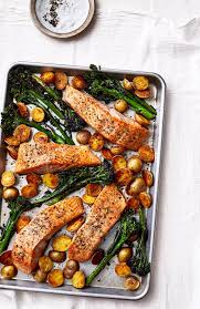 Sheet Pan Salmon With Potatoes And Broccolini Recipe Recipe In 2020 Broccolini Recipe Veggie Dinner Salmon Recipes