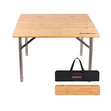 Kingcamp Bamboo Folding Table With Carry Bag 4 Fold Heavy Duty Adjustable Height Aluminum Frame Camping Table Rev Camping Table Folding Table Camping Furniture