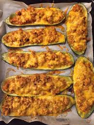 Stuffed Baked Zucchini Boats With Ground Meat And Cheese Recipe Recipes Zucchini Boat Recipes Baked Stuffed Zucchini