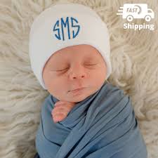 Melondipity Personalized Monogrammed Shadow Stitch White, Blue, or Pink  Newborn Hospital Hat for Boys and Girl, Double Ply for Extra Warmth