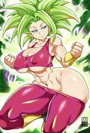 bayeuxman, kefla (dragon ball), dragon ball, dragon ball super, highres,  1girl, abs, blue eyes, breasts, cleft of venus, collarbone, earrings, green  hair, jewelry, large breasts, muscular, muscular female, saiyan, solo,  thick thighs,