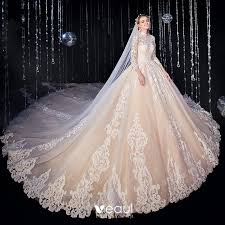 Cocktail gowns for women of style substance. Elegant High End Champagne Wedding Dresses 2020 Ball Gown Glitter Lace Flower High Neck 3 4