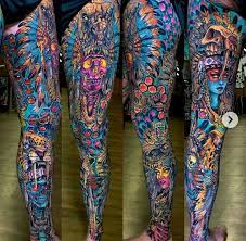 The Biggest Tattoo Extravagant And Full Of Color Girls With Sleeve Tattoos Leg Sleeves Girl Leg Tattoos