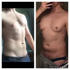 NSFW] mtf 2 years hrt honest body comparison: 2015 pre hrt- 155 pounds,  verge of suicide, working out every day to fight the dysphoria. 2019- 180  pounds and a little thiccer than