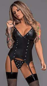 Includes matching thong, adjustable and removable shoulder and garter straps this product is a 5pc set product descriptionknit chiffon and embroidered, scalloped lace underwire bustier with criss cross. Madame Faux Leather Garter Corset Leather Corset With Garter Straps