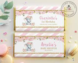 Editable Template Elephant Chocolate Bar Wrappers Favors Hersheys 1st Birthday Baptism Elephant Printable Baby Shower Pink Floral Ep5 1st Birthday Bar Wrappers Elephant Printable