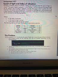 Solved: Assignment A01 Speed Of Light And Index Of Refract... | Chegg.com