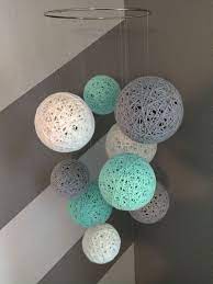 Yarn Ball Mobile In White Gray And Aqua Turquoise Decor Yarn Ball Diy Christmas Decorations Easy