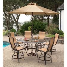 Hanover Manor Aluminum 7 Piece Round Bar Height Patio Dining Set With Umbrella And Stand Patio Patio Dining Set Outdoor Dining Set