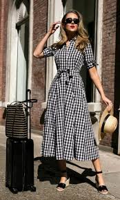 Black And White Gingham Midi Skirt Click For Outfit Details Short Sleeve Black And White Gingham Midi Dress Black Suede Wedge Sandals Wide Brim Tan Bolero Str Fashion Gingham Dress Dresses