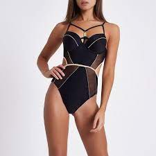 River Island Black Mesh Insert Plunge Harness Swimsuit 72 Liked On Polyvore Featuring Swimwear O Swimwear Beachwear Plunging One Piece Swimsuit Swimsuits