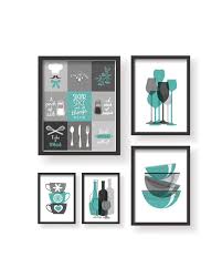 Teal Grey Modern 5 Set Kitchen Decor Prints Kitchen Wall Art Etsy Kitchen Wall Print Kitchen Decor Wall Art Teal Kitchen Decor