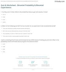 Quiz Worksheet Binomial Probability Binomial Experiments Study Com