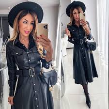 PU Shirts Dress Ladies Buttons Black Leather Dresses With Belt Spring  Autumn Long Sleeve Turn Down Collar Women Maxi Dress D35|Dresses| -  AliExpress