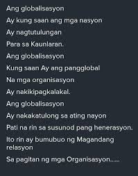 Kaakibat ng mga pagbabagong ito ay ang mga hamon kung paano tutugunan ng bawat pamahalaan sa daigdig ang mga suliraning naidulot ng globalisasyon, mga isyu. Globalisasyon Meaning Tagalog