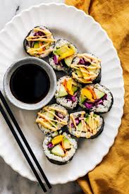 Veggie Sushi With Spicy Mayo Madeline Hall Veggie Sushi Rolls Veggie Sushi Sushi Roll Recipes