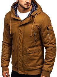 The zip hoodie has a comfortable fit and features a special sleeve construction, where the front has a straight sleeve inset and the backside a raglan. Men S Winter Jacket Camel Bolf 1890 Camel