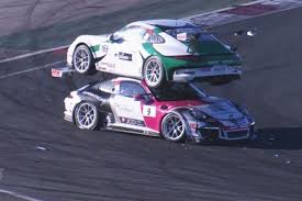 Porsche Cup Cars End Up Stacked On Top Of One Another In Surreal Crash Racing Porsche Race Cars