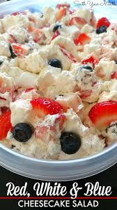 Red White Blue Cheesecake Salad This Berry Cheesecake Dessert Is Perfect For Memorial Day And 4th Of July With Patriotic Desserts Food Cheesecake Desserts