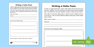 It shows the format for writing haiku poems, as well as gives examples of original haiku poems. Write A Haiku Poem Activity Teacher Made