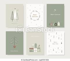 Hand painted christmas cards drawings stock illustrations funny christmas sock with santa claus near a big bag full of gifts. Set Of Hand Drawn Christmas Greeting Cards Trendy Hand Drawn Christmas Trees Snowflakes Gift Box And Cute Houses In Canstock
