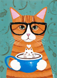 Ginger Kitty With Catpuccino Original Coffee Cat Folk Art Painting Cat Art Illustration Folk Art Cat Cat Painting