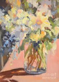 Paintings like glass with roses and vase with carnations show flowers set against a dark background, only the flowers with any sense of bright color. White Flowers In Vase Painting By Barbara Daggett