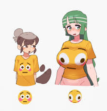 original, highres, 2girls, breasts, brown eyes, brown hair, cropped torso,  drawlomong24, flushed face emoji, flushed face emoji shirt (meme), green  eyes, green hair, large breasts, long hair, midriff, multiple girls, parted  lips,