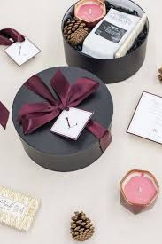 Holiday Gift Box Black And Maroon Holiday Hatboxes Custom Designed For Photographer Company Clients Curated In 2020 Client Gift Box Gift Box Design Holiday Gift Box