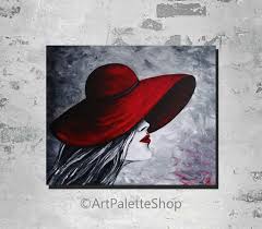 Black And White Acrylic Painting Lady In Red Hat Painting Black And White Painting Romantic Painting Acrylic Painting Canvas Woman Painting