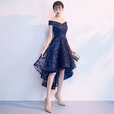 Chic Beautiful Navy Blue Cocktail Dresses 2018 A Line Princess Off The Shoulder Short Sleeve Appliques Lace Asymmetrical Ruffle Backless Formal Dresses High Low Party Dresses Navy Blue Cocktail Dress Blue Cocktail