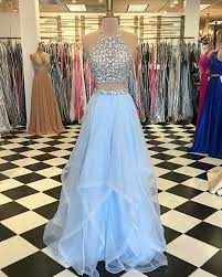 Light Blue Prom Dresses With Pearls Beaded Rhinestones Tulle Ruffles Two Piece Prom Dress New Arrival P3262 Colorful Prom Dresses Cute Prom Dresses Light Blue Prom Dress