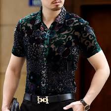 Silk Velvet Floral Shirt Summer Short Sleeve Men Mens Shirt Dress Social Shirt Velvet Shirt