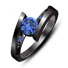 Black Engagement Ring With Blue Stone Three Stone Engagement Rings Black Wedding Rings Sapphire Engagement Ring Blue