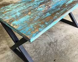 Custom Reclaimed Wood Dining Table Desk Console Coffee Table Paint And Patchwork Stains Metal Dining Table Reclaimed Wood Desk Painted Table