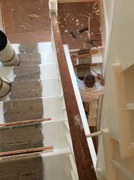 White Painted Wooden Stairs Ready For A Stair Runner To Be Fitted Into The Middle Painting Wooden Stairs Painted Stairs Striped Stair Runner