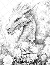 40 Flower Dragon Grayscale Coloring Pages Printable for Adults, PDF Fi –  RASPIEE