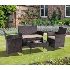 Suntime Outdoor Living 4 Piece Plastic Outdoor Bistro Set With Sofa And Chairs With Brown Cushions Gf07124usa The Home Depot Outdoor Sofa Sets Outdoor Bistro Set Conversation Set Patio