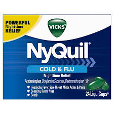 vicks nyquil cough cold flu nighttime relief 24 liquicaps 1 pharmacist recommended nighttime sore throat fever and congestion relief