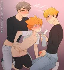 rroseart, hinata shouyou, miya atsumu, miya osamu, haikyuu!!, 3boys,  brothers, cuntboy, cuntboy with male, doggystyle, drugged, drugs, height  difference, male focus, multiple boys, nipple piercing, nitrous oxide,  piercing, sex, sex from behind,