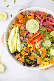 Meanwhile, place freekeh in a small pot along with three cups water and a big pinch of. Easy Sweet Potato Black Bean Quinoa Bowl With Crema Quinoa Bowls