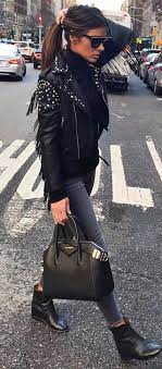 Studded Fringed Leather Jacket Jeans Street Style Outfit Street Style Fashion