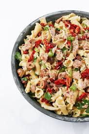 Mediterranean Tuna Pasta Salad The Domestic Dietitian Recipe Pasta Salad Good Healthy Recipes Fish Recipes Healthy