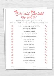 Get tips on who to invite and who should pay. She Said She Said Bridal Shower Game Printable