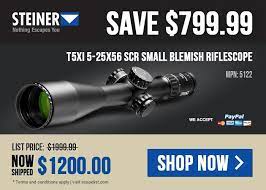Featuring an optical system that was engineered in germany, yet proudly designed, machined and assembled in the usa. Steiner T5xi 5 25x56 Scr Riflescope 5122 For Sale With A Massive Discount Of 799 99 Free Shipping Shop Now 1200 Gun Deals